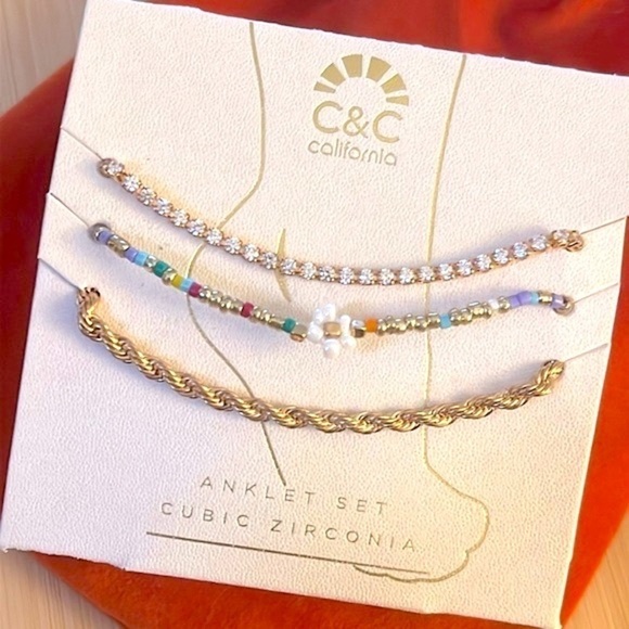 Brand New C&C California Anklet Set Daisy Beaded Gold Tone Braided Rhinestone - Picture 10 of 10